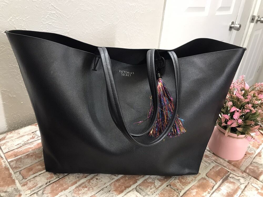 Victoria's Secret Black Faux Leather Tote Bag Large Shopper Handbag Vegan Tassel